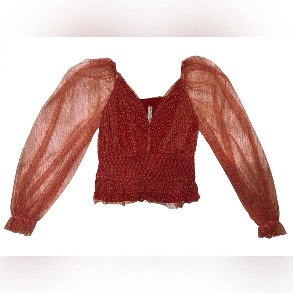 Anthropologie Red Textured Blouse with Sheer Sleeves - Picture 1 of 10